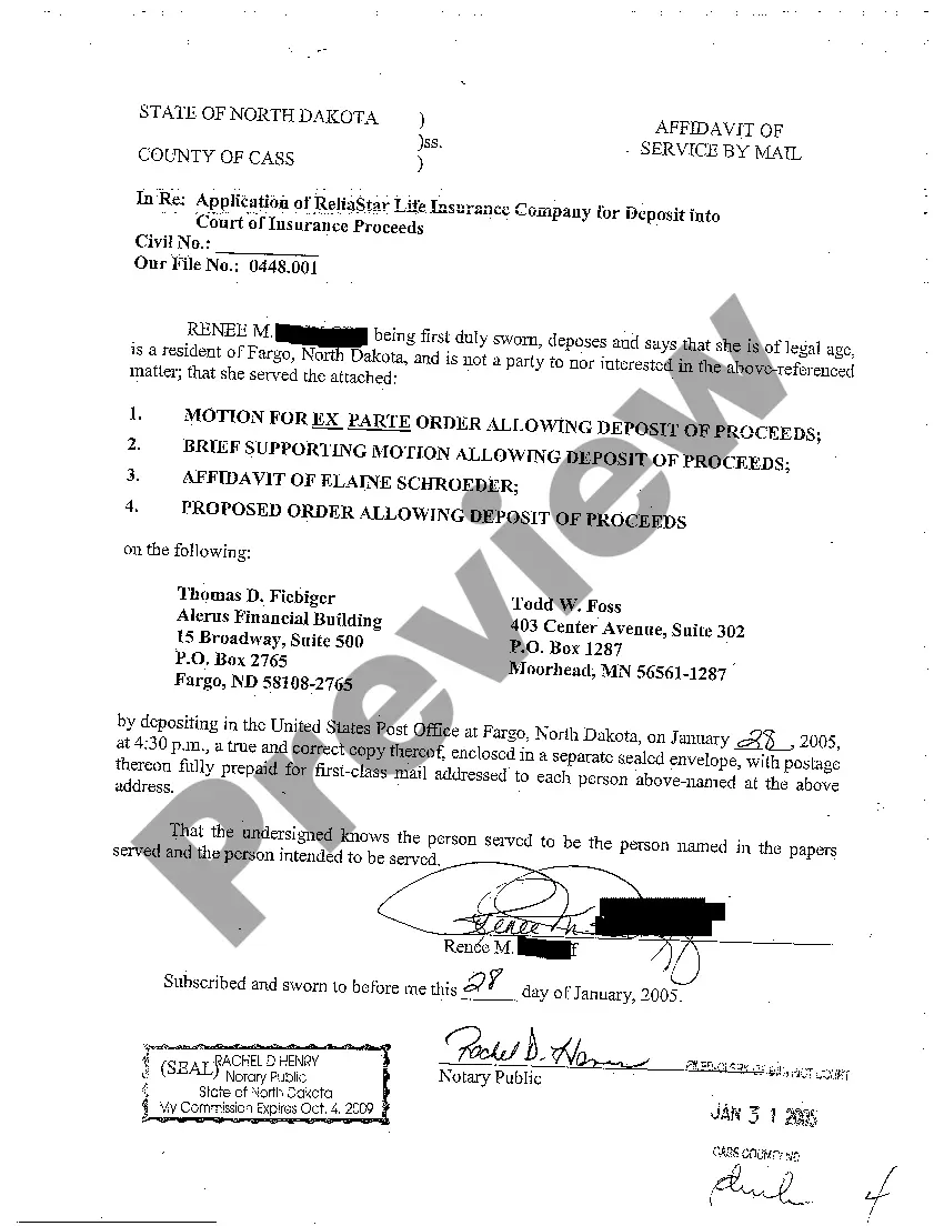 Preview A01 Motion for Ex Parte Order Allowing Deposit of Insurance Proceeds