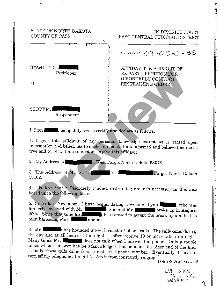 Get A01 Ex Parte Petition for Disorderly Conduct Restraining Order regarding behavior outside place of business and telephone calls Preview A01 Ex Parte Petition for Disorderly Conduct Restraining Order regarding behavior outside place of business and telephone calls