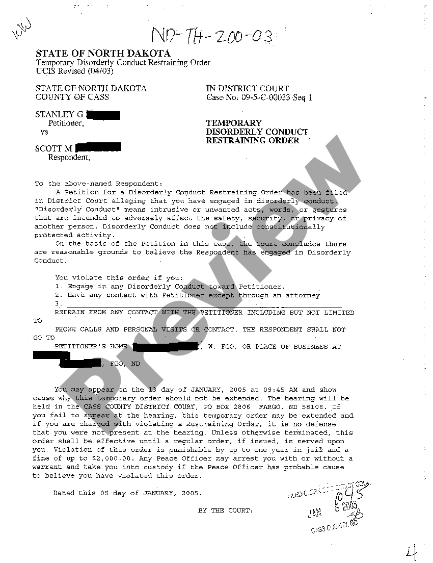 North Dakota Temporary Disorderly Conduct Restraining Order US Legal
