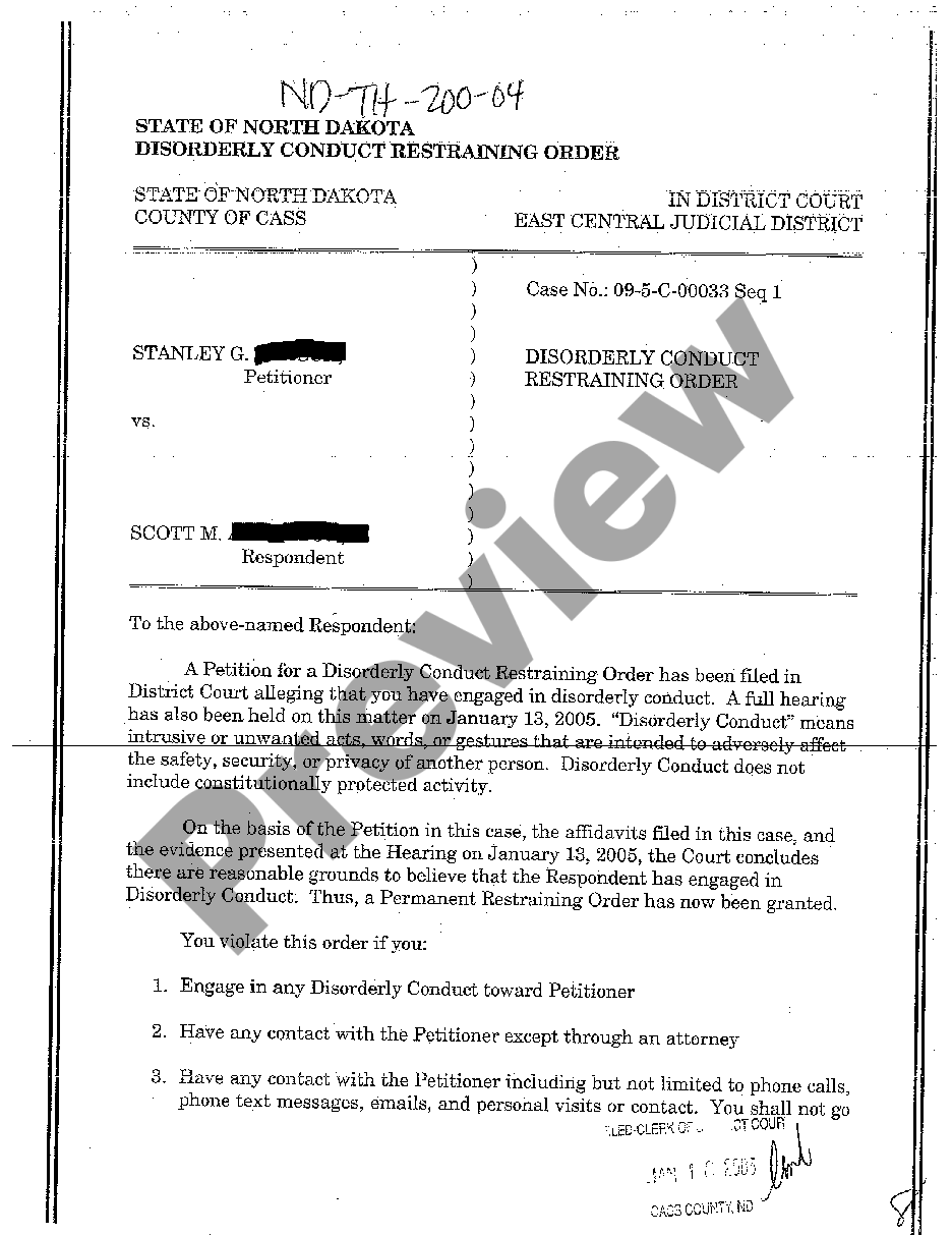 North Dakota Disorderly Conduct Restraining Order - Restraining Order ...