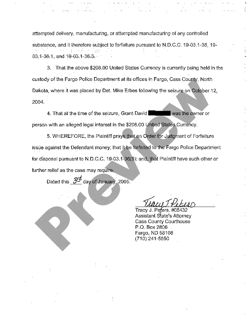 Get A01 Complaint for Asset Forfeiture regarding Cash Money Seized by Law Enforcement Officials Preview A01 Complaint for Asset Forfeiture regarding Cash Money Seized by Law Enforcement Officials