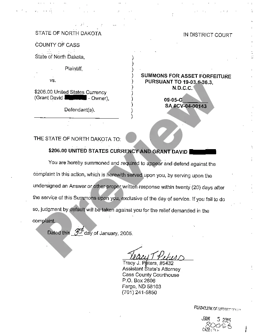 Get A01 Complaint for Asset Forfeiture regarding Cash Money Seized by Law Enforcement Officials Preview A01 Complaint for Asset Forfeiture regarding Cash Money Seized by Law Enforcement Officials