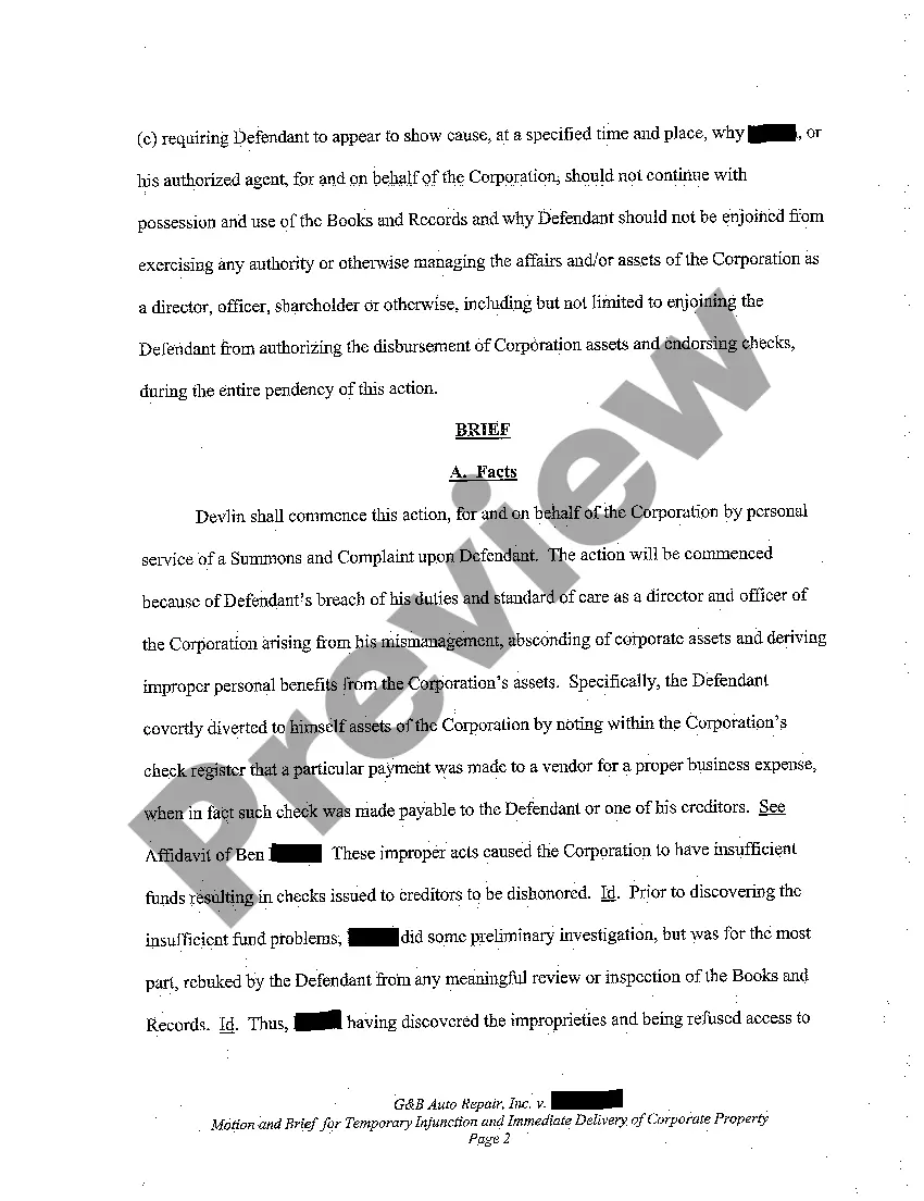 Preview A01 Motion for Temporary Injunction and Order for Immediate Delivery of Corporate Property