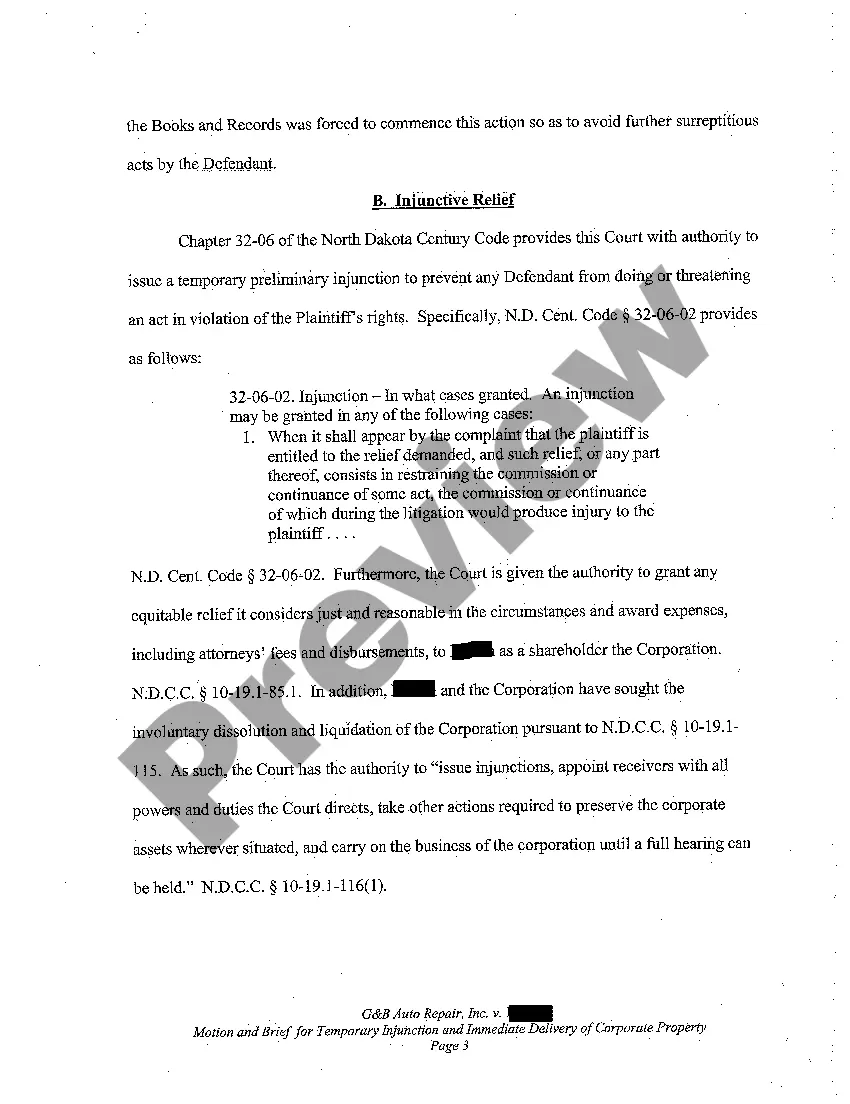 Preview A01 Motion for Temporary Injunction and Order for Immediate Delivery of Corporate Property