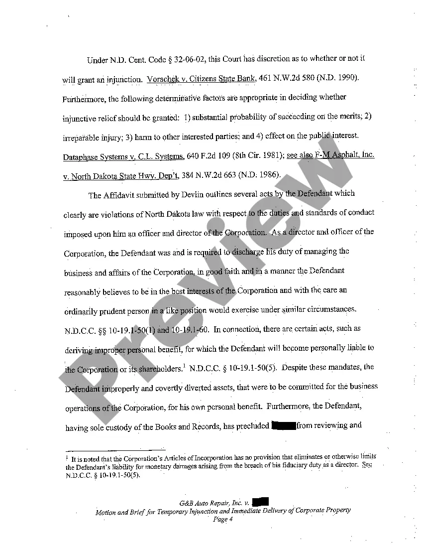 Preview A01 Motion for Temporary Injunction and Order for Immediate Delivery of Corporate Property