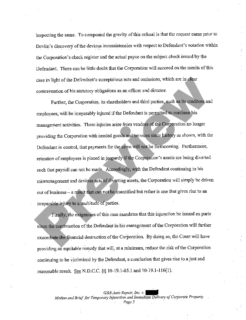 Preview A01 Motion for Temporary Injunction and Order for Immediate Delivery of Corporate Property