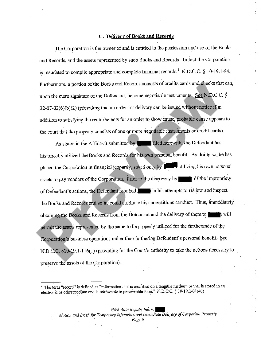 Preview A01 Motion for Temporary Injunction and Order for Immediate Delivery of Corporate Property