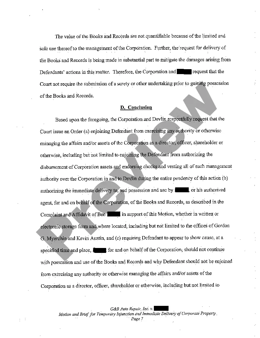 Preview A01 Motion for Temporary Injunction and Order for Immediate Delivery of Corporate Property