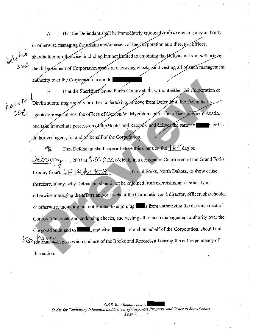 Preview A02 Order for Temporary Injunction and Delivery of Corporate Property and Order to Show Cause