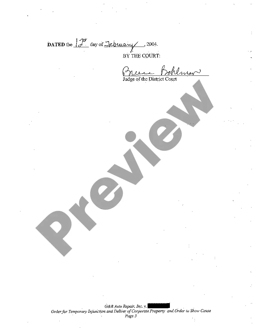 Preview A02 Order for Temporary Injunction and Delivery of Corporate Property and Order to Show Cause