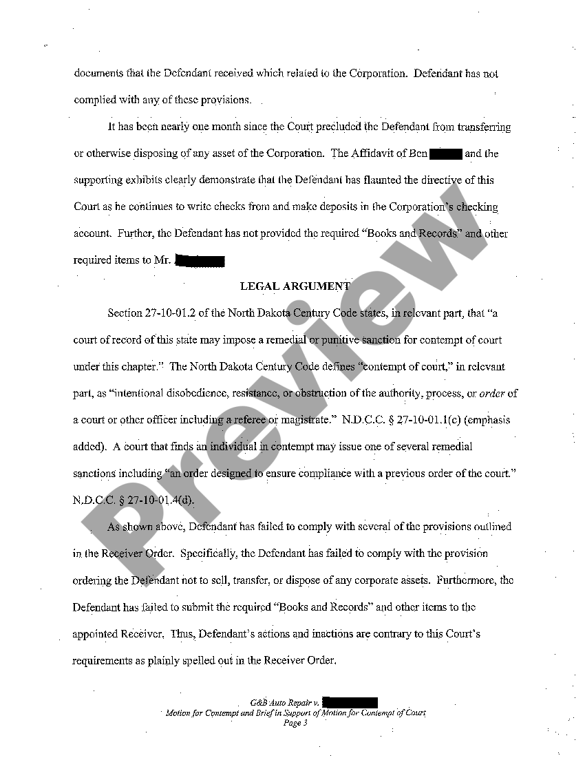 North Dakota Motion for Contempt and Brief in Support of Motion for Contempt of Court 3 521 2