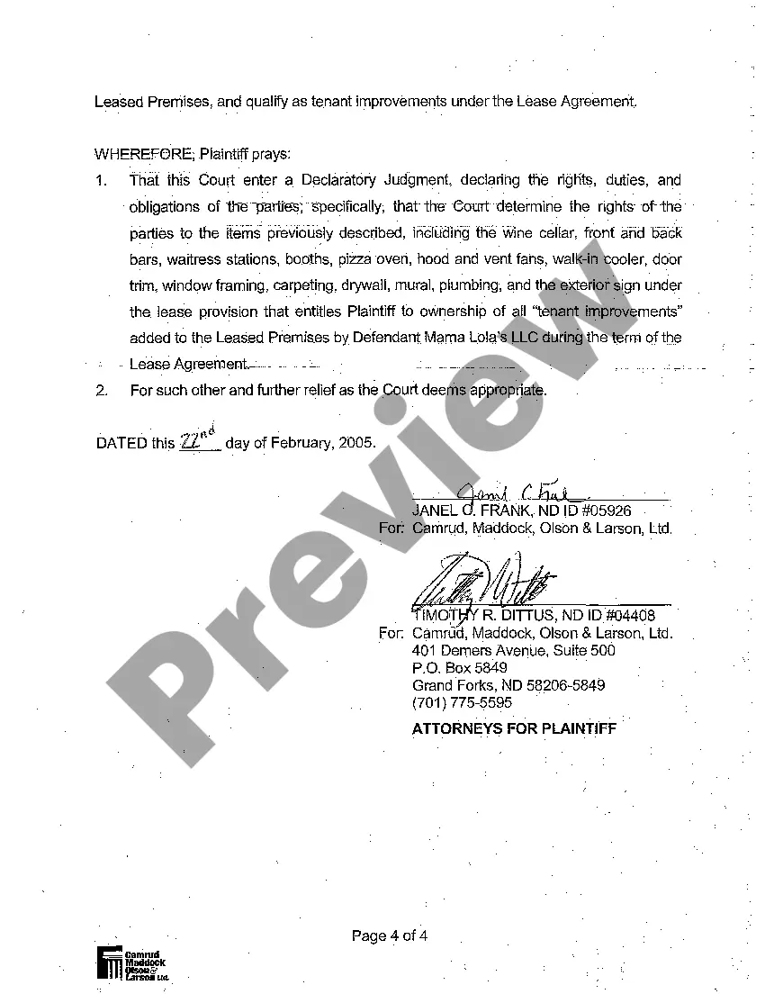 Get A01 Complaint for Declaratory Judgment as to Ownership of Improvements Made by Evicted Tenant to Leased Premises Preview A01 Complaint for Declaratory Judgment as to Ownership of Improvements Made by Evicted Tenant to Leased Premises