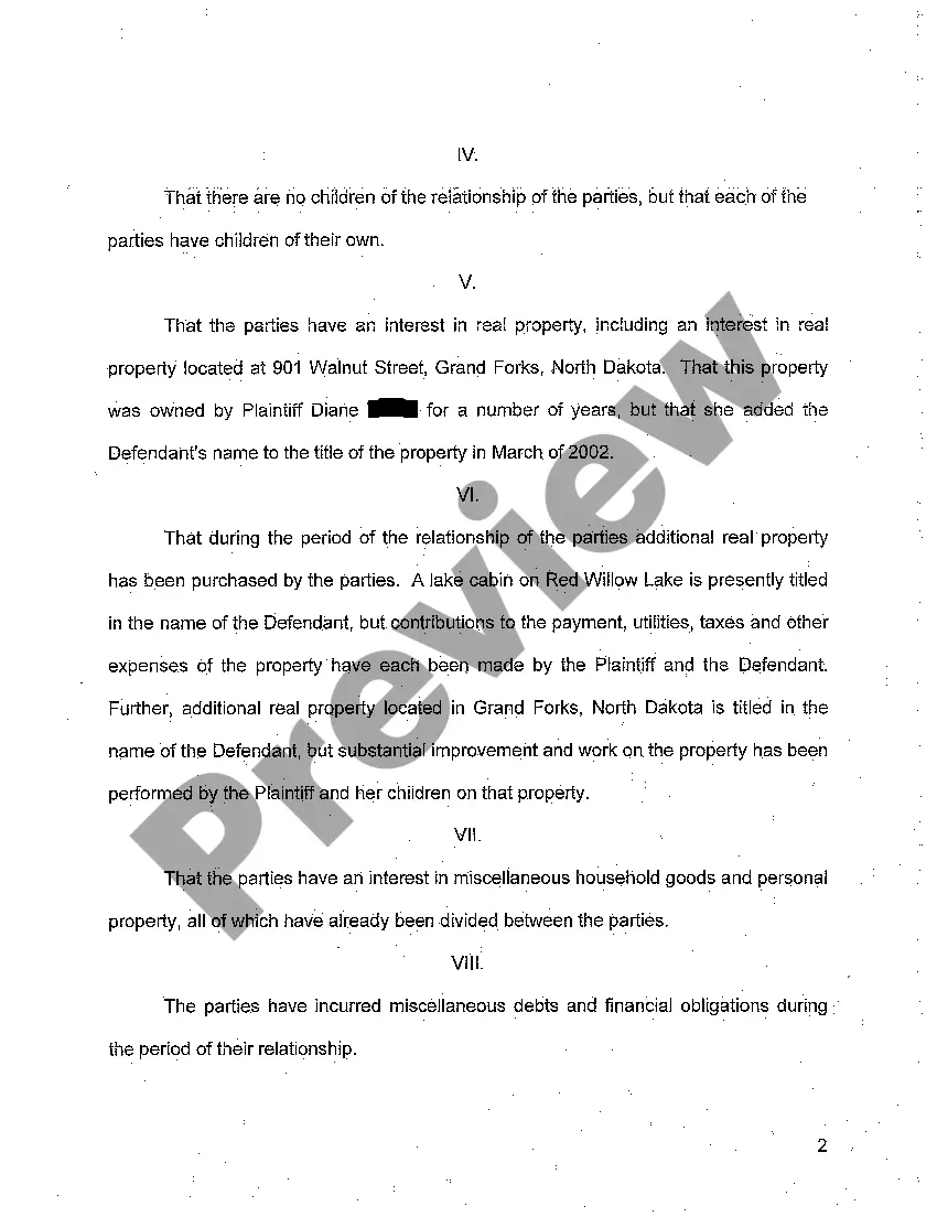 Preview A01 Complaint for Partition of Property Between Cohabitants