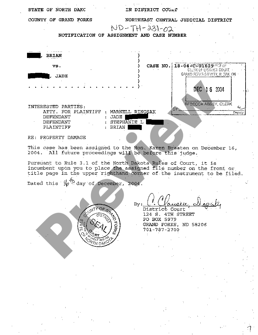 Case Number Assignment North Dakota Form US Legal Forms