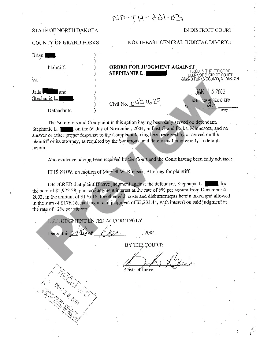 Preview A03 Order for Judgment Against One of Defendants