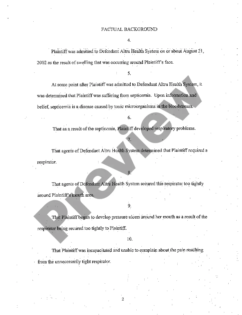 Preview A01 Complaint for Medical Malpractice Where Patient's Respirator was Secured Too Tightly Causing Pressure Ulcers on Mouth