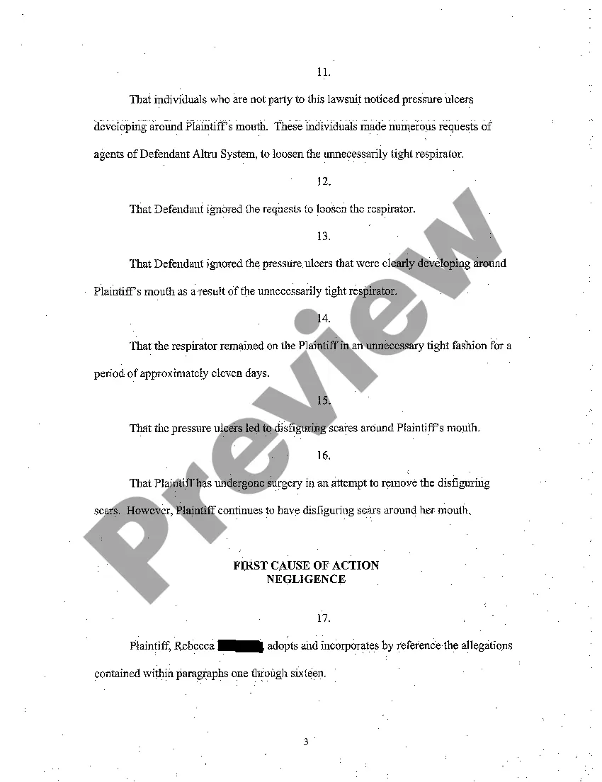 Preview A01 Complaint for Medical Malpractice Where Patient's Respirator was Secured Too Tightly Causing Pressure Ulcers on Mouth