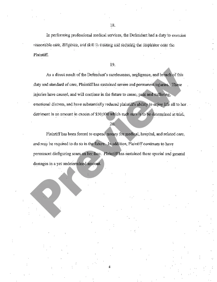 Preview A01 Complaint for Medical Malpractice Where Patient's Respirator was Secured Too Tightly Causing Pressure Ulcers on Mouth