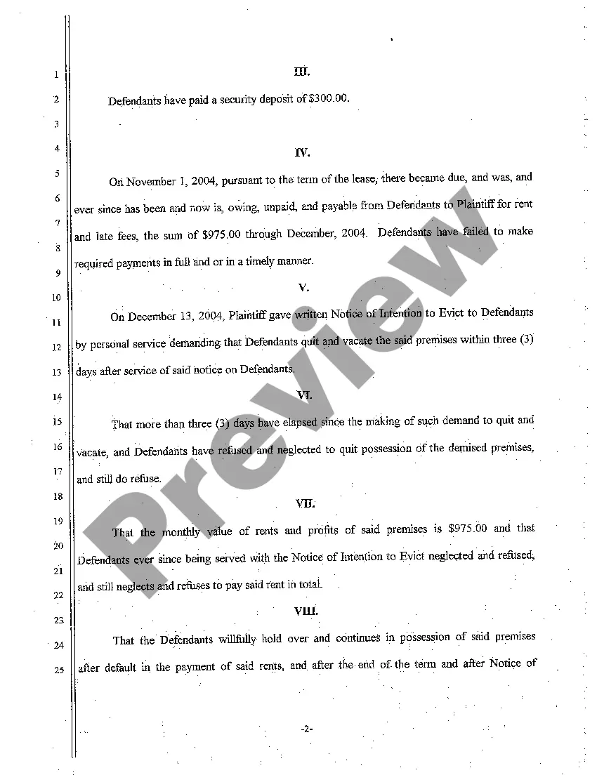 Preview A01 Complaint for Breach of Lease Agreement Seeking Eviction