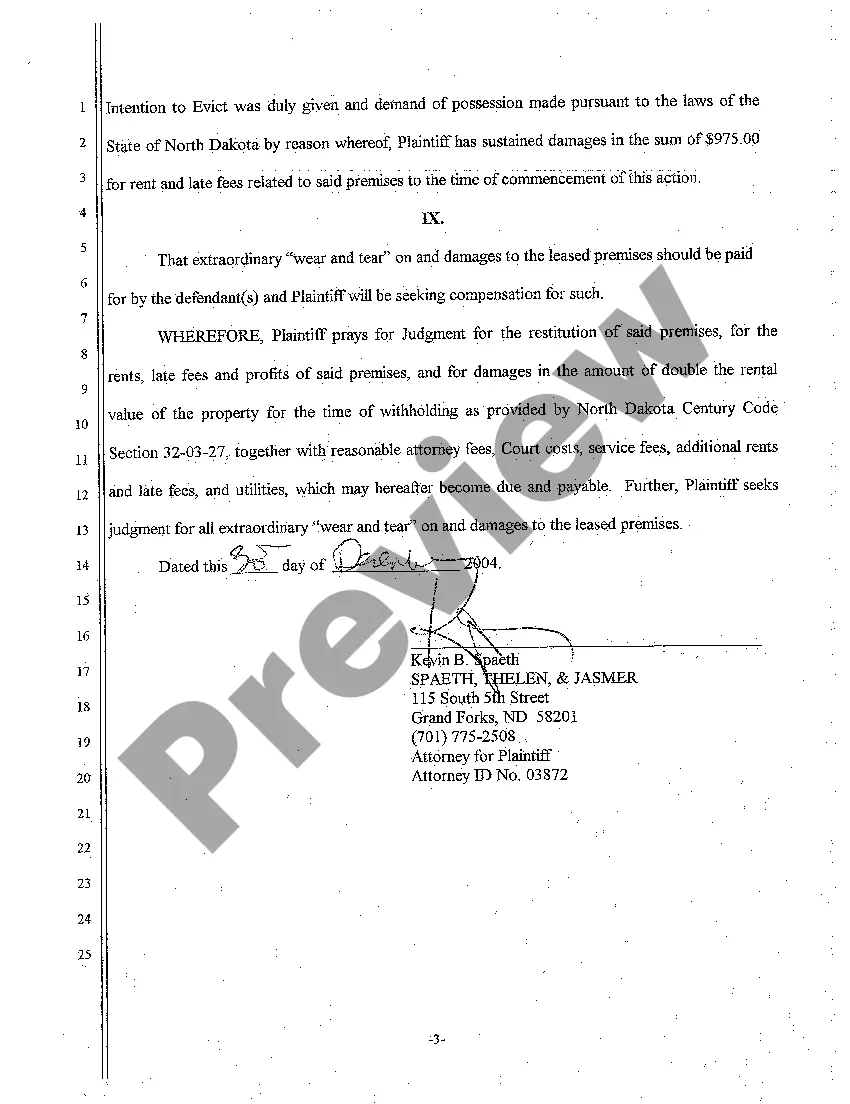 Preview A01 Complaint for Breach of Lease Agreement Seeking Eviction