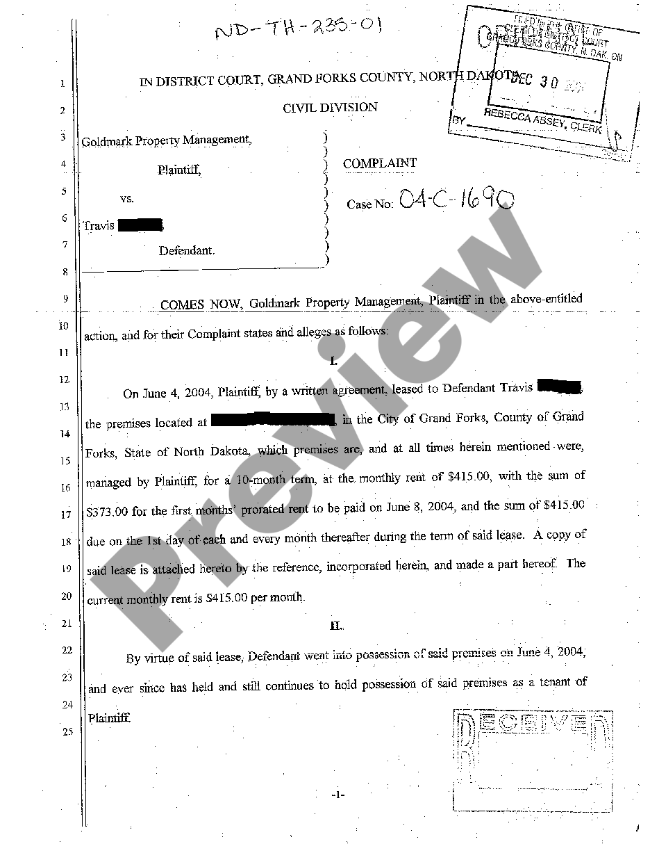 North Dakota Complaint For Breach Of Lease Agreement Seeking Eviction Us Legal Forms 0659