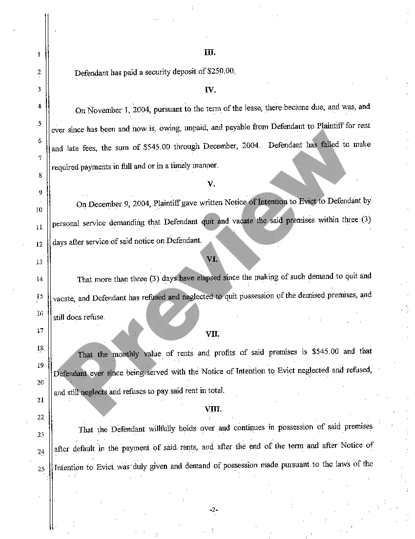 Get A01 Complaint for Breach of Lease Agreement Seeking Eviction Preview A01 Complaint for Breach of Lease Agreement Seeking Eviction