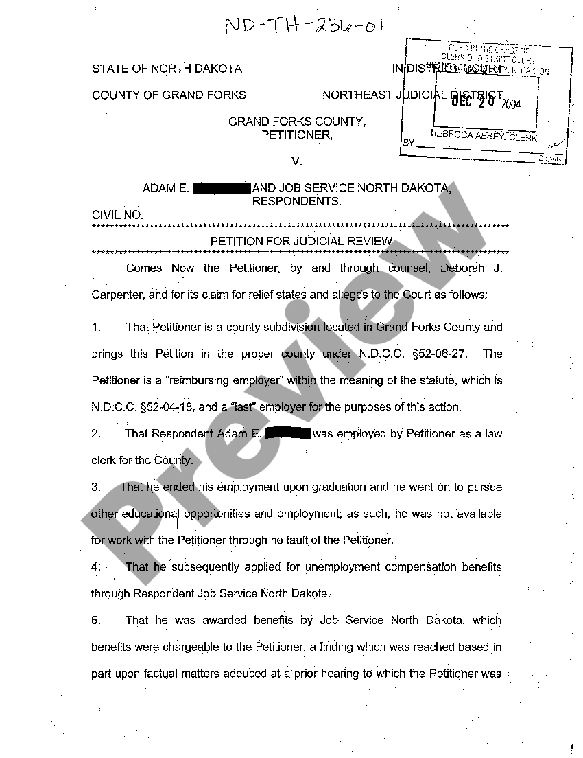 North Dakota Petition for Review regarding Former Employee's