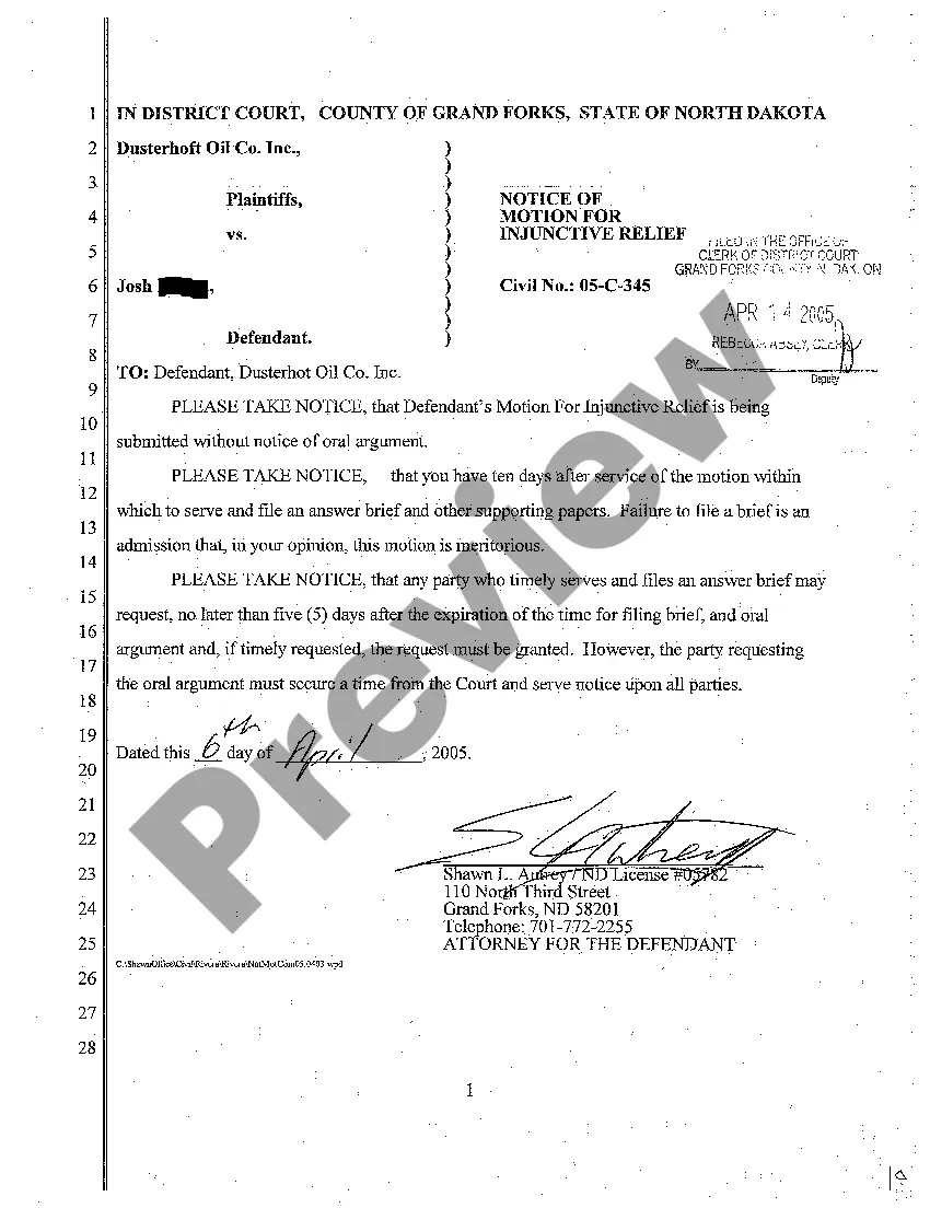 Preview A07 Motion for Injunctive Relief Requesting Plaintiff to Release Defendant's Vehicle