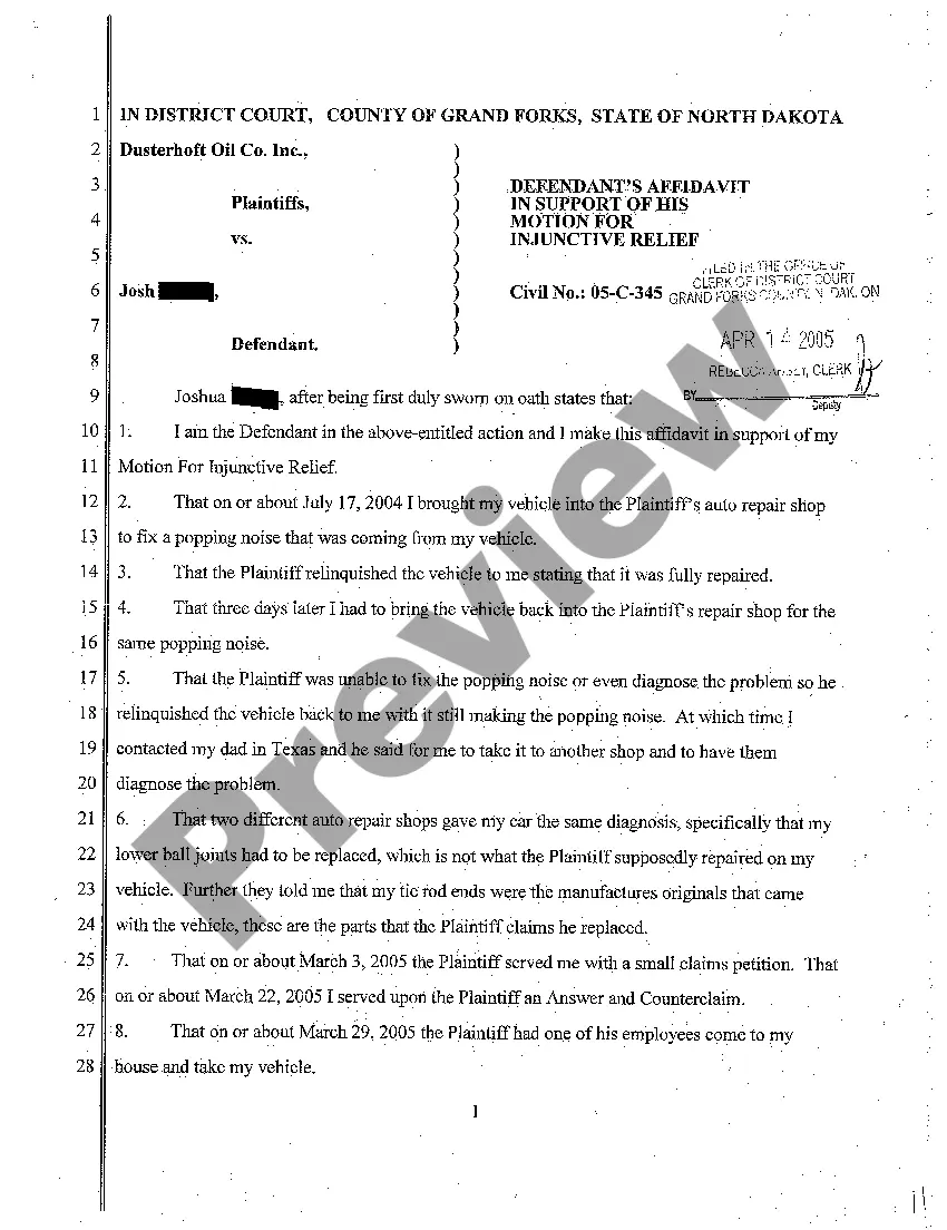 Preview A07 Motion for Injunctive Relief Requesting Plaintiff to Release Defendant's Vehicle