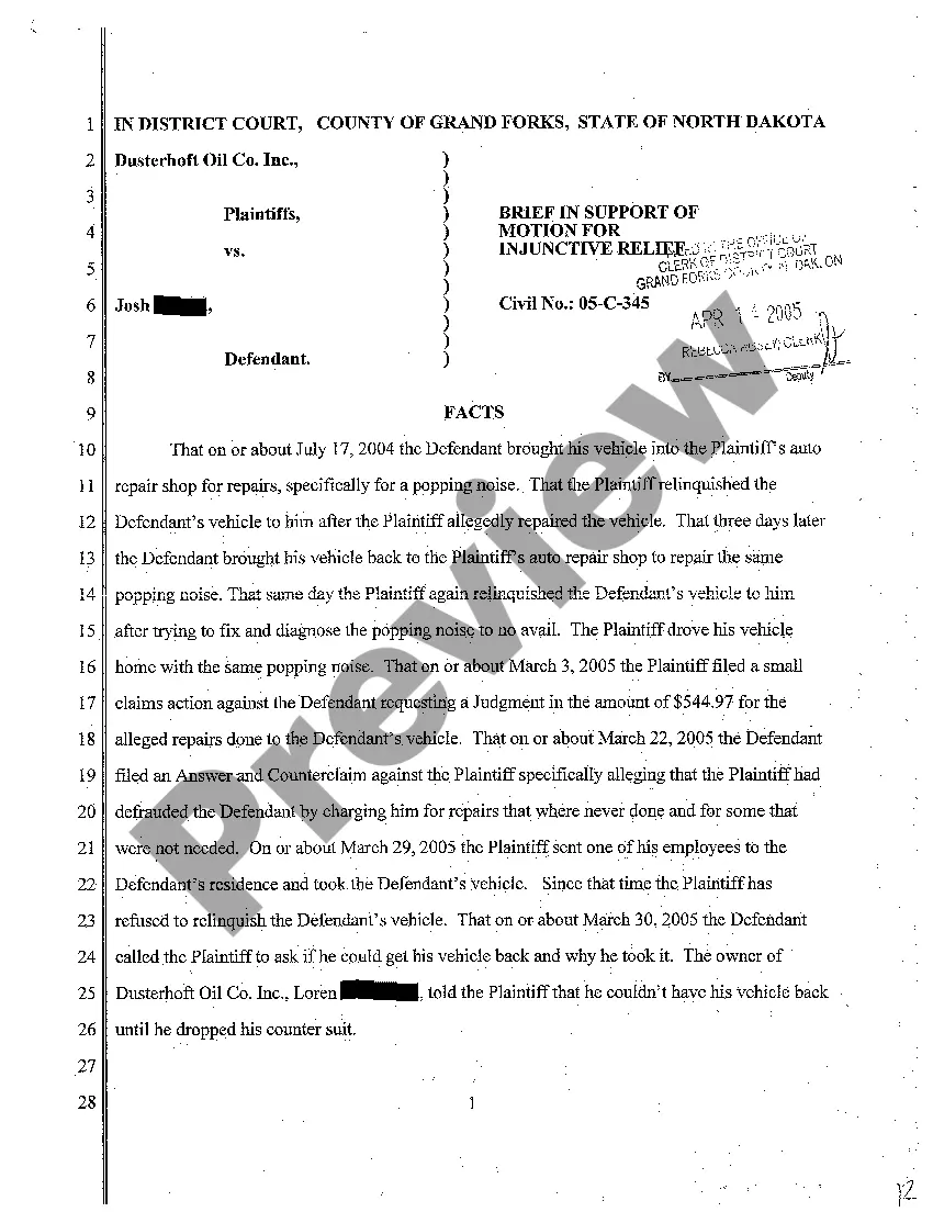 Preview A07 Motion for Injunctive Relief Requesting Plaintiff to Release Defendant's Vehicle