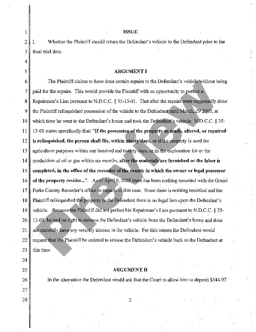 Preview A07 Motion for Injunctive Relief Requesting Plaintiff to Release Defendant's Vehicle