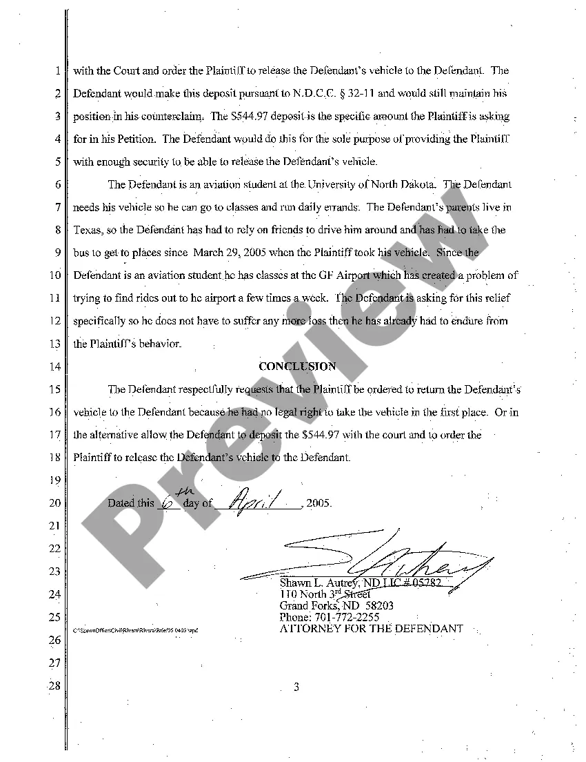 Preview A07 Motion for Injunctive Relief Requesting Plaintiff to Release Defendant's Vehicle