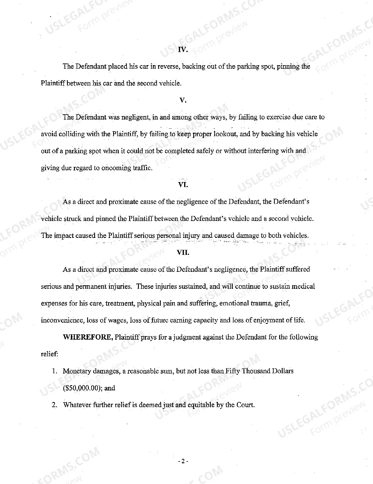 Preview A01 Complaint for Personal Injury for Pedestrian by Car in Parking Lot