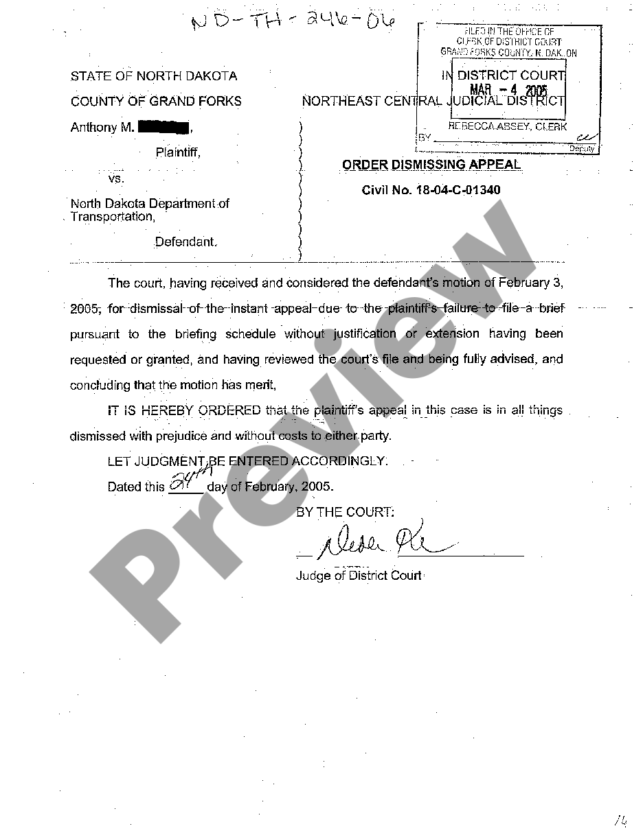 North Dakota Order Dismissing Appeal | US Legal Forms