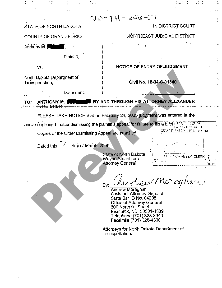 Fargo North Dakota Notice of Entry of Judgment | US Legal Forms