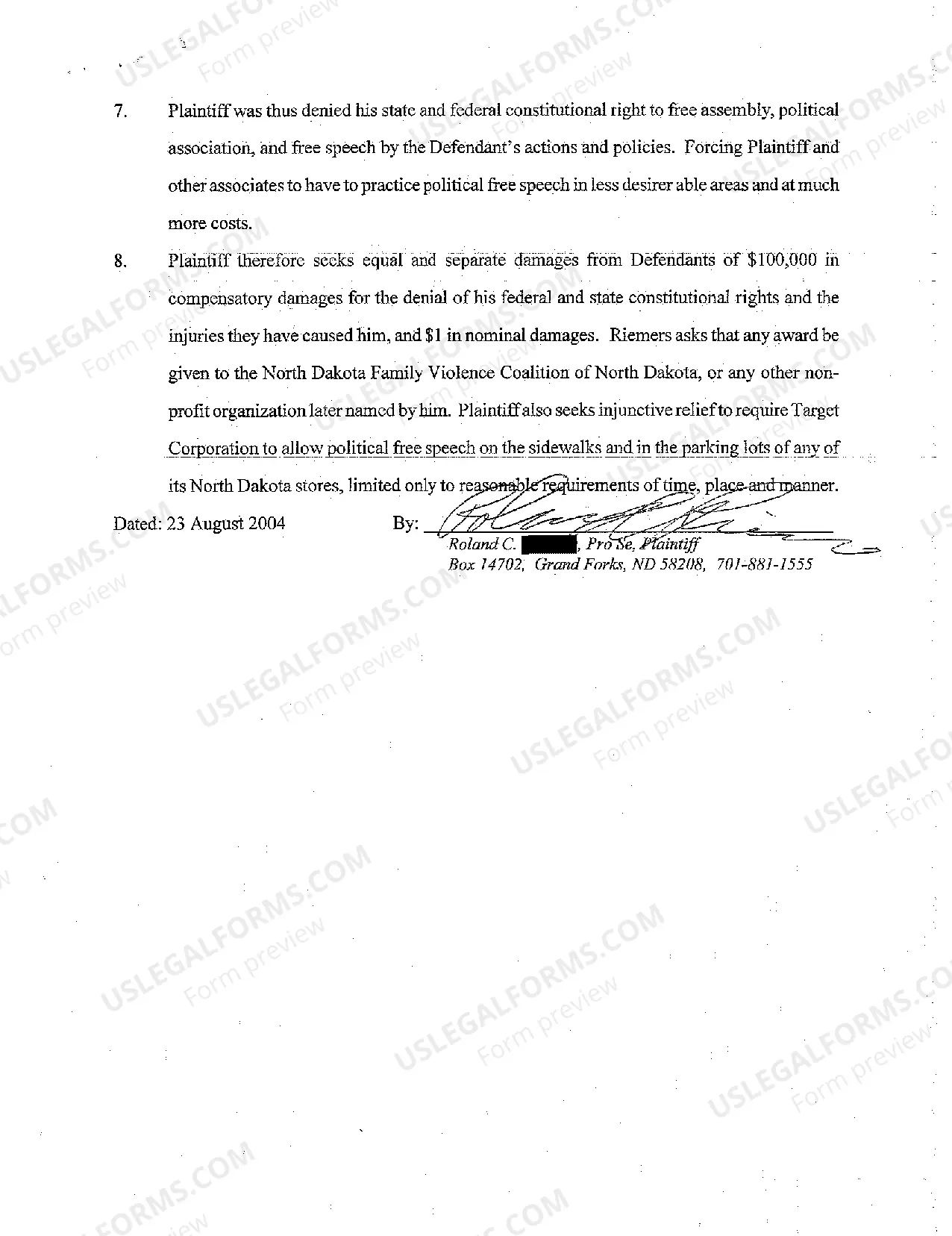 Preview A01 Complaint for Civil Rights, Denial of Free Speech in Front of Super center