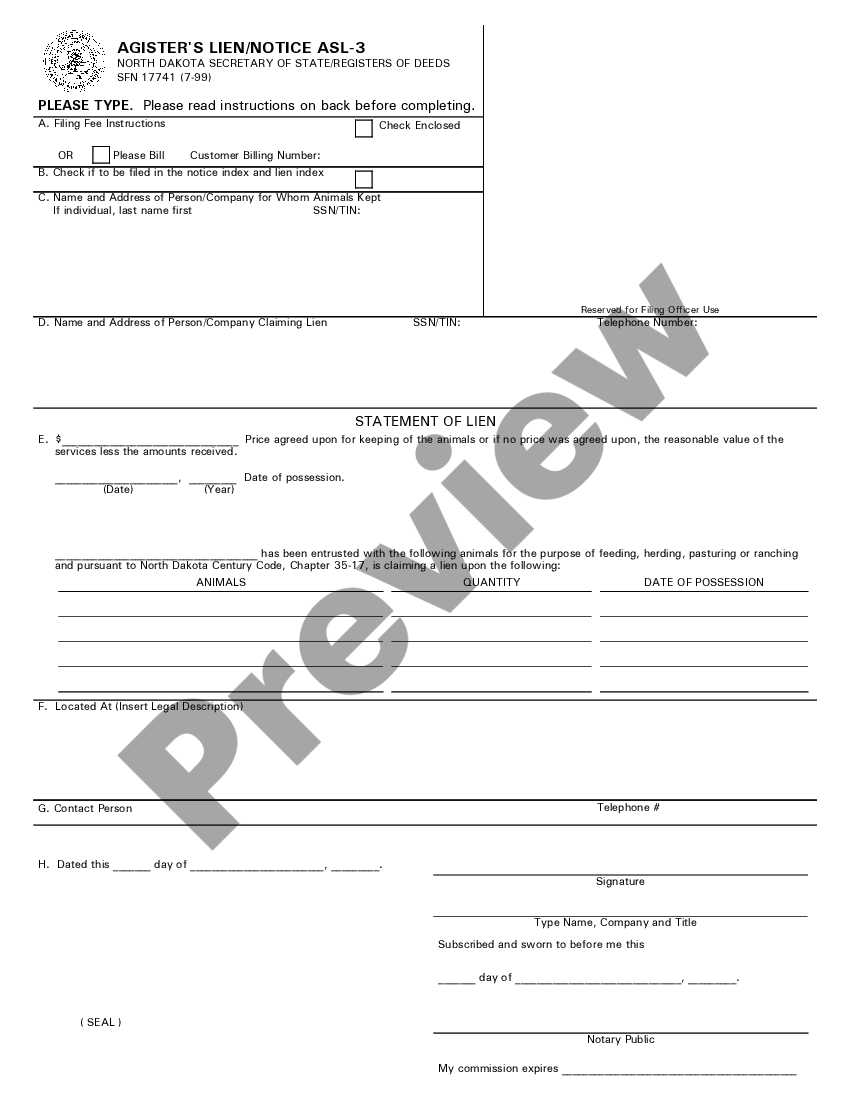 North Dakota UCC Agisters Lien / Notice - Agister | US Legal Forms