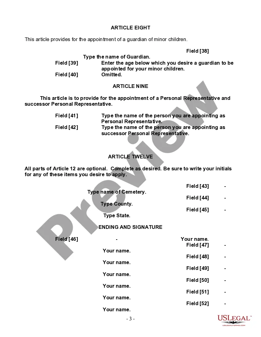 Preview Last Will and Testament for a Single Person with Minor Children