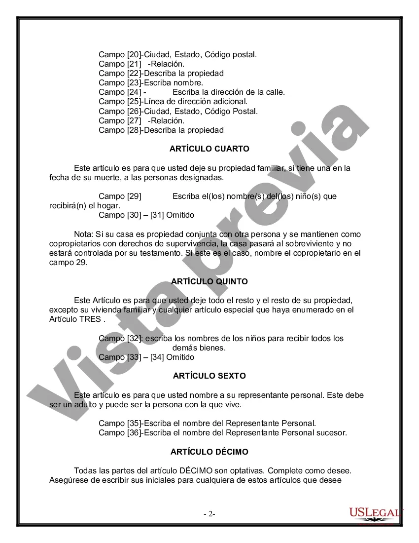 Preview Formulario Legal de Última Voluntad y Testamento para Persona Soltera con Hijos Adultos
