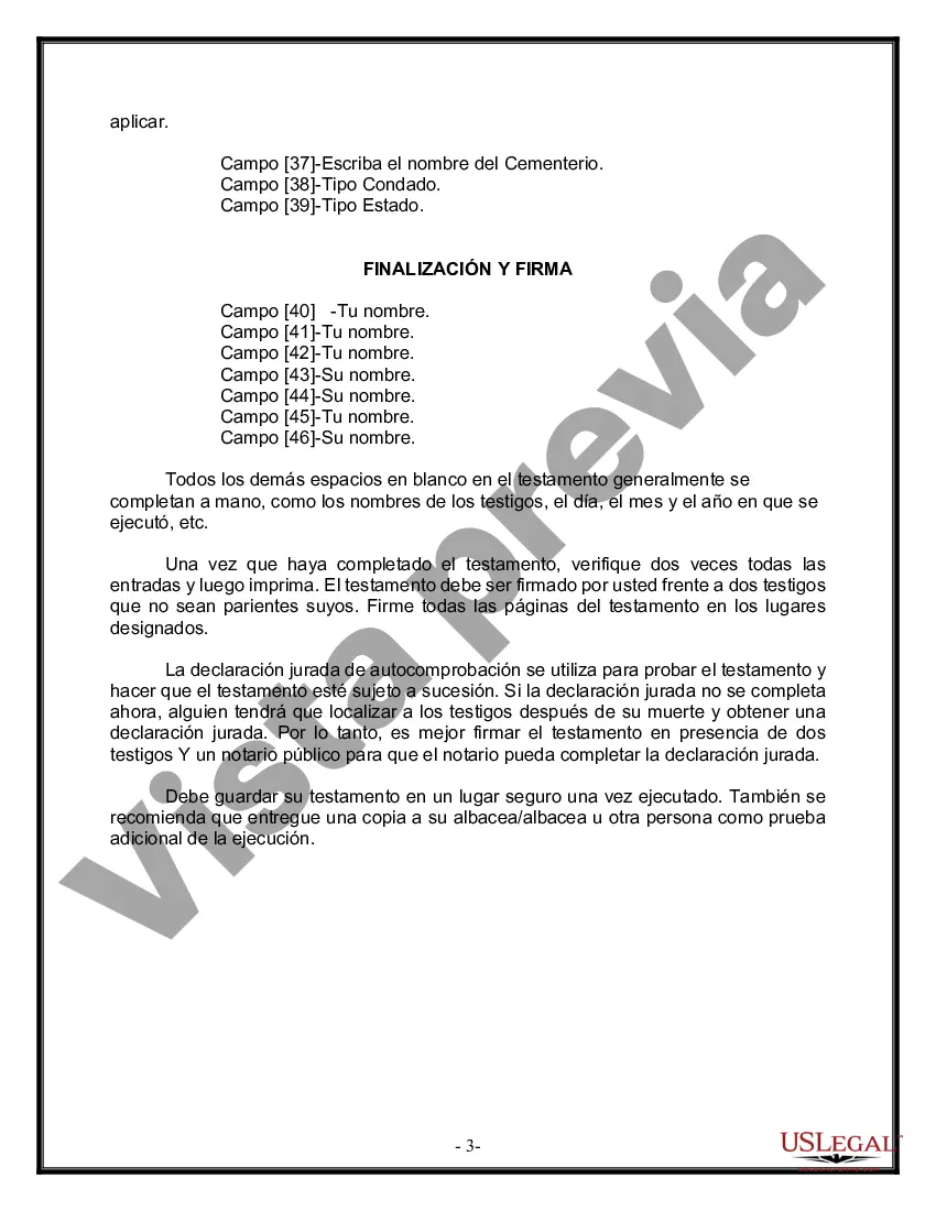 Preview Formulario Legal de Última Voluntad y Testamento para Persona Soltera con Hijos Adultos