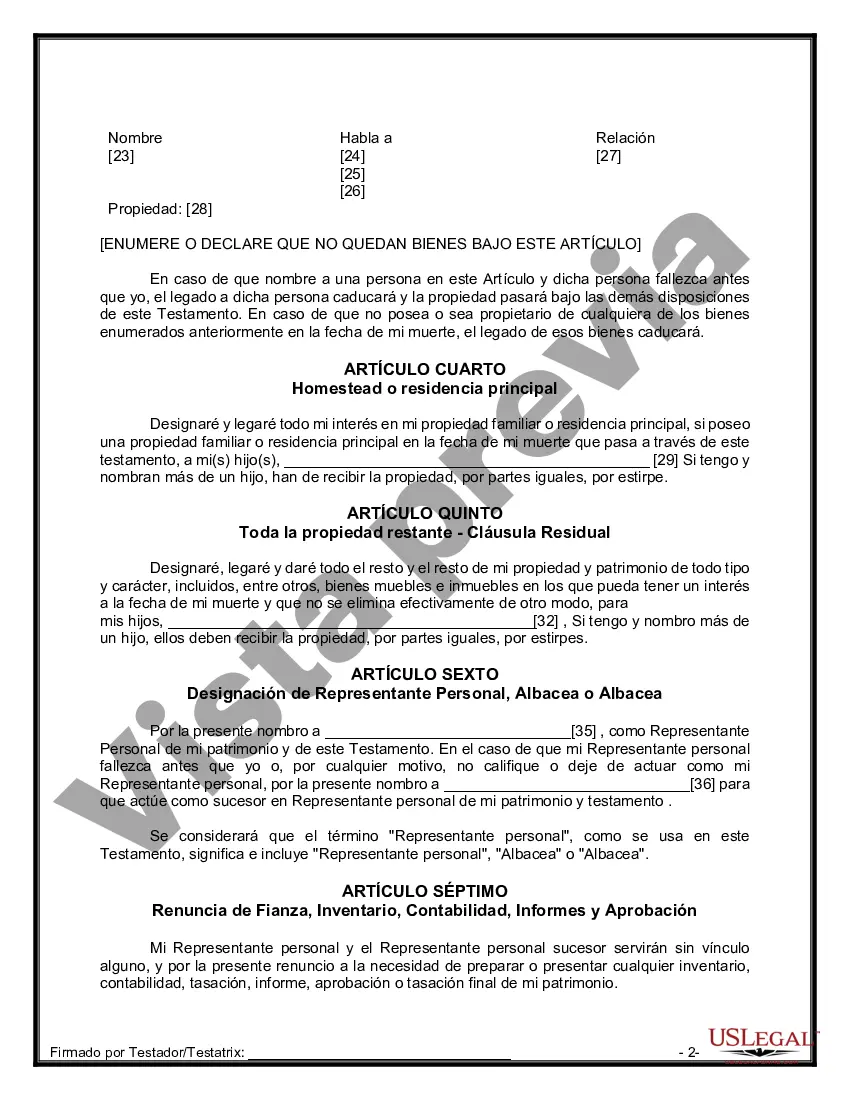 Preview Formulario Legal de Última Voluntad y Testamento para Persona Soltera con Hijos Adultos