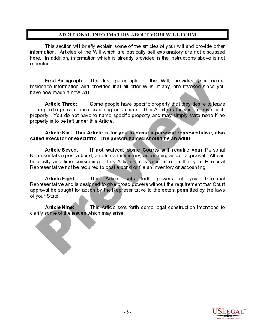 Preview Last Will and Testament for Single Person with Adult Children