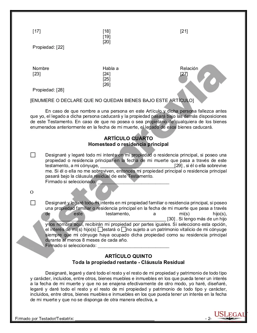 Preview Última voluntad y testamento legal para persona casada con hijos menores de edad de un matrimonio anterior