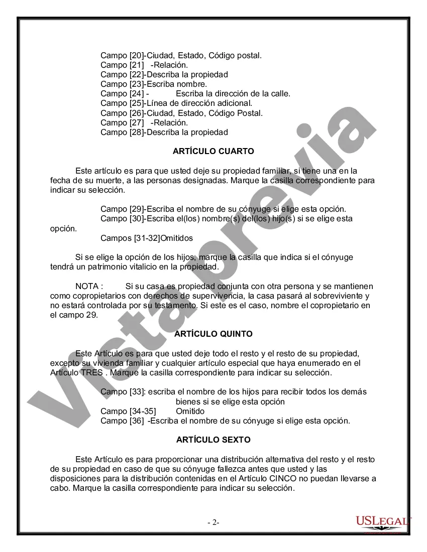 Preview Última voluntad y testamento legal para persona casada con hijos menores de edad de un matrimonio anterior