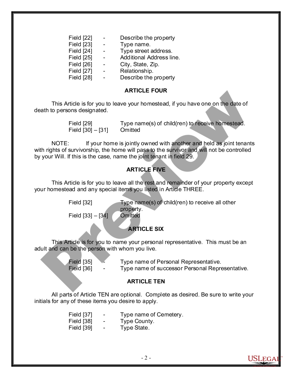 page 1 Legal Last Will and Testament Form for Divorced person not Remarried with Adult Children preview
