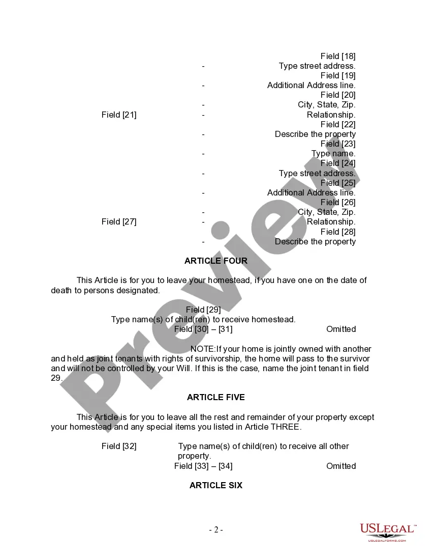 Preview Last Will and Testament for Divorced person not Remarried with Adult Children
