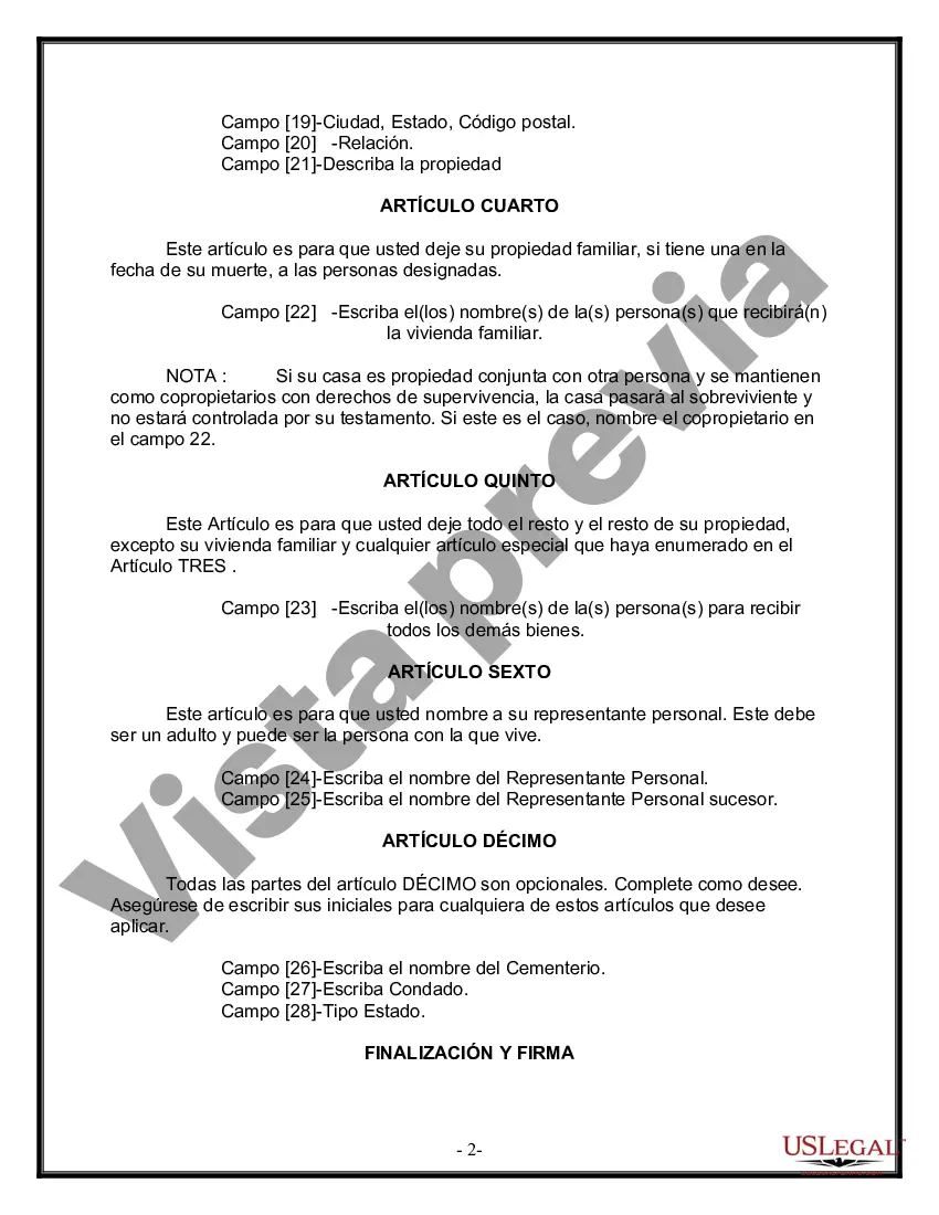 Preview Formulario de última voluntad y testamento legal para personas divorciadas que no se han vuelto a casar y no tienen hijos