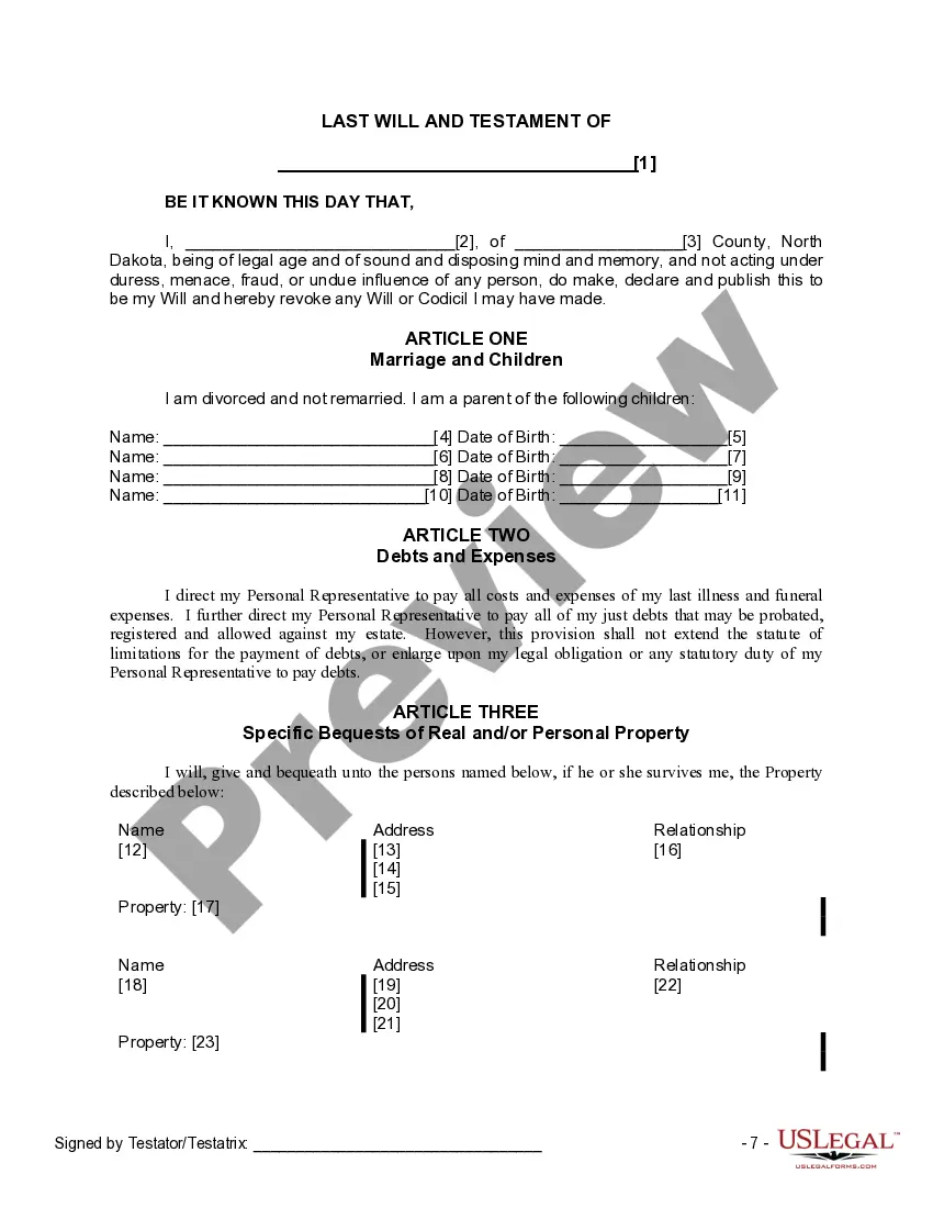 Preview Last Will and Testament for Divorced Person Not Remarried with Adult and Minor Children