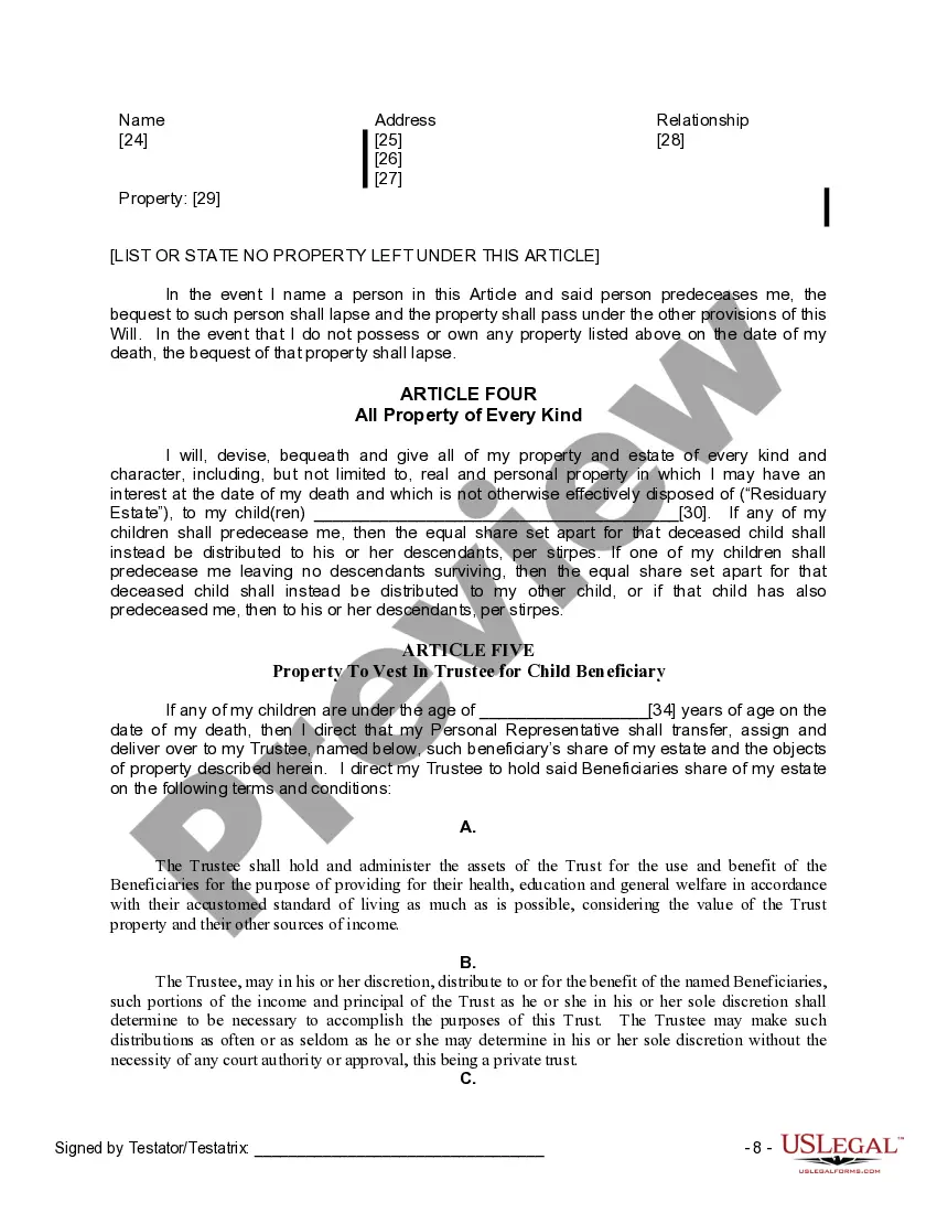 Preview Last Will and Testament for Divorced Person Not Remarried with Adult and Minor Children