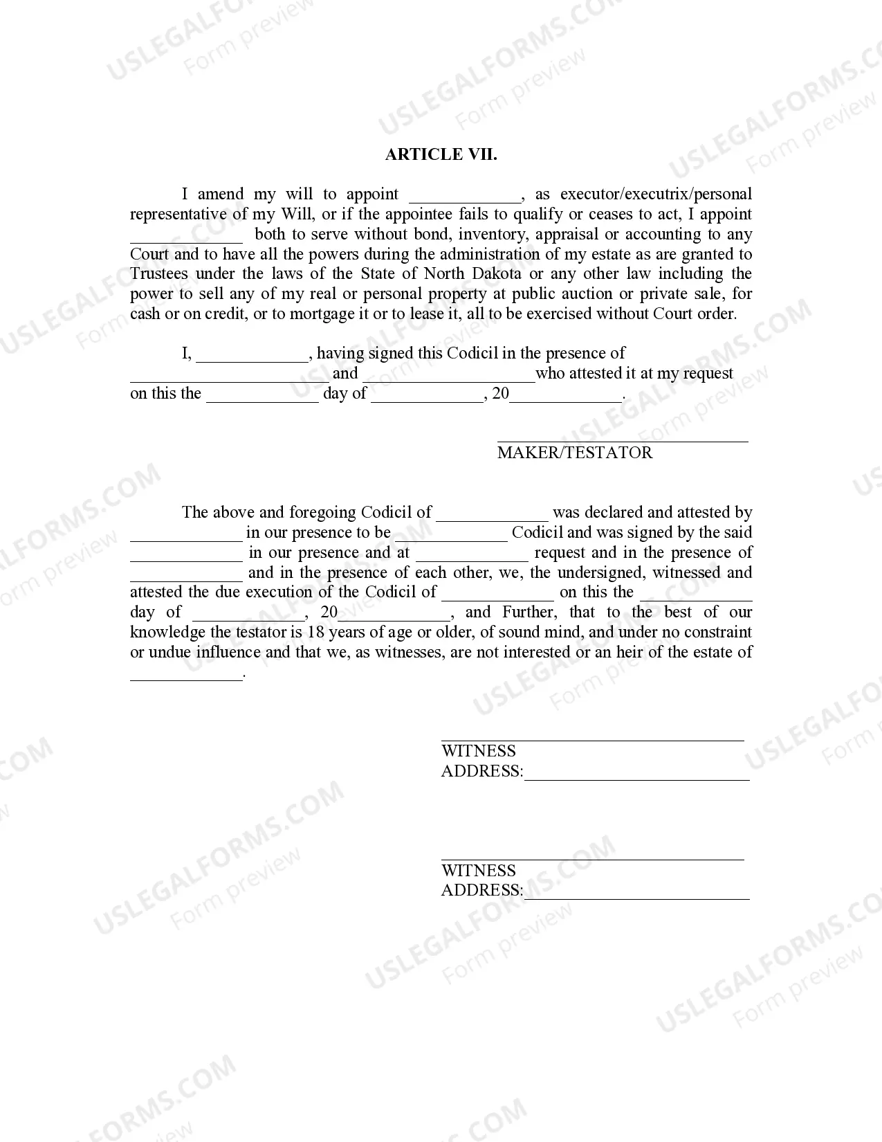 Preview North Dakota Codicil to Will Form for Amending Your Will - Will Changes or Amendments